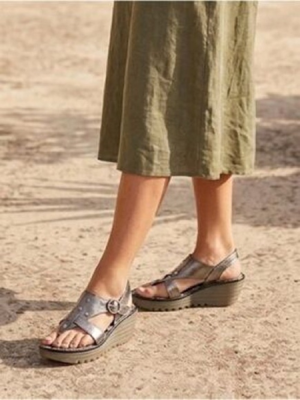 Fly London Metallic Gray Wedge Sandals euro 38 (fits 7.5 - 8 US)